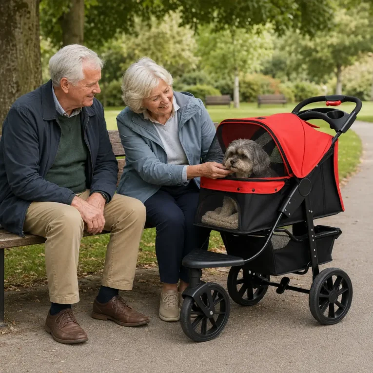 Dog Stroller 3-Wheel Pushchair for Small Pets – Red and black