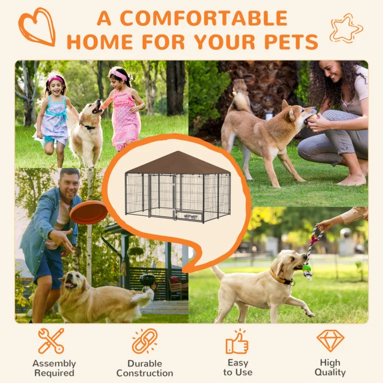 Outdoor Dog Enclosure with Canopy and Rotating Bowls – Brown, 211cm