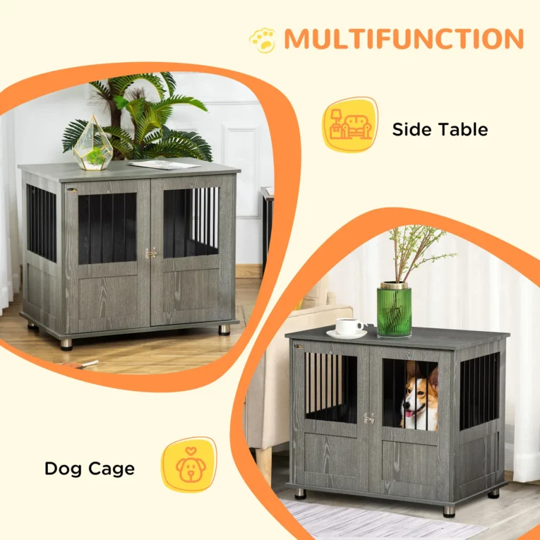 Dog Crate Side Table with Double Doors – Grey, 85cm