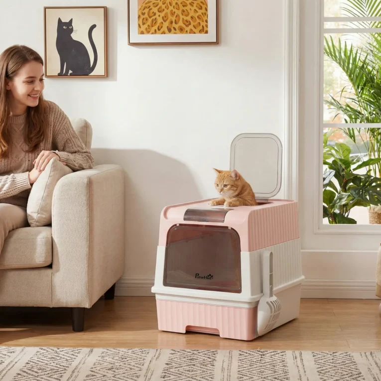 Enclosed Cat Litter Box with Drawer and Scoop – Pink, 48cm Enclosed Cat Litter Box with Drawer and Scoop – Pink, 48cm