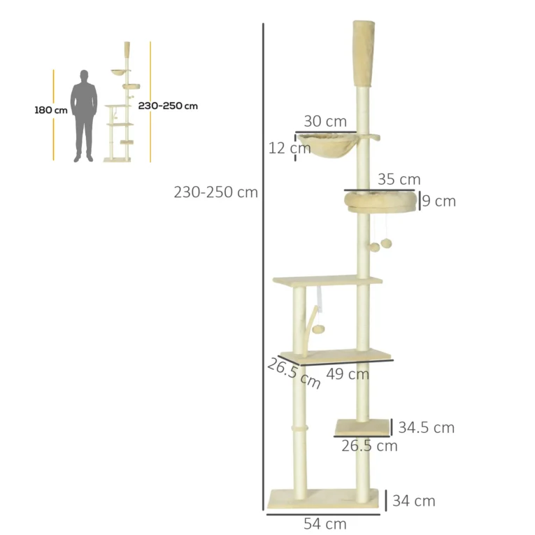 Floor-to-Ceiling Cat Climbing Tower with Hammock – Beige, 230–250cm