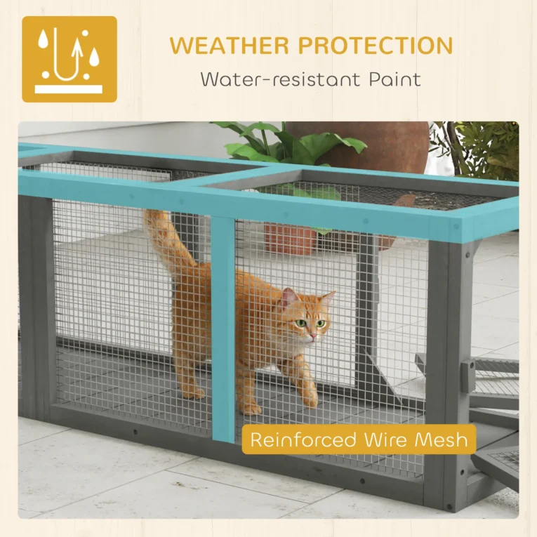 Wooden Cat Run Tunnel with Three Removable Doors – Grey, 150cm