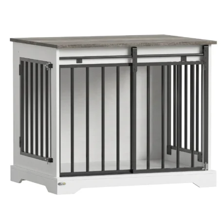 Dog Crate Side Table with Sliding Barn Door &ndash; White, 80cm