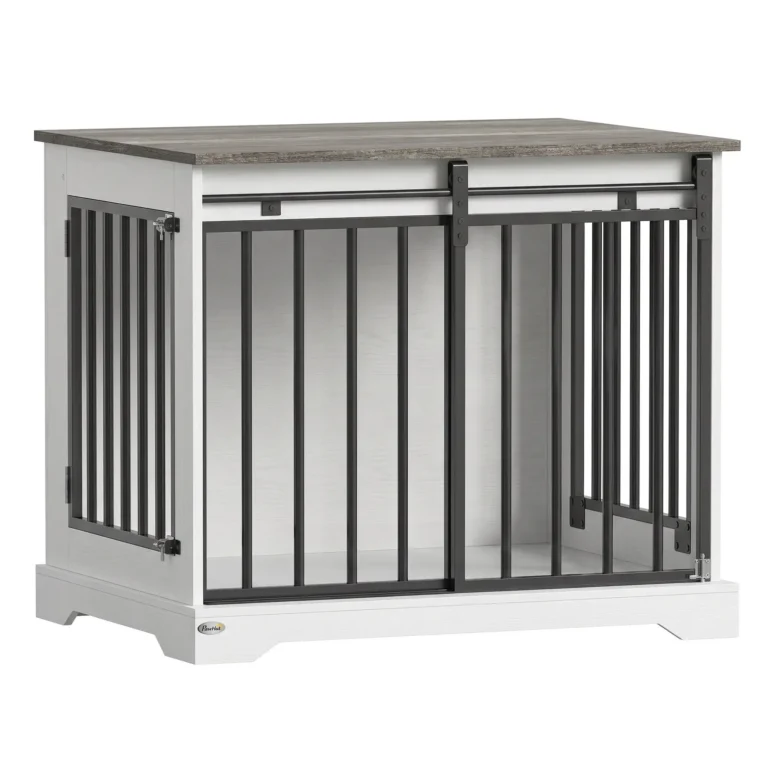 Dog Crate Side Table with Sliding Barn Door – White, 80cm