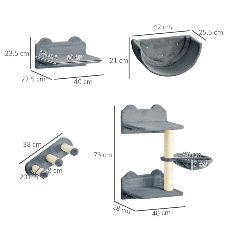 4PC Wall-Mounted Cat Shelves with Hammock – Grey and cream 4PC Wall-Mounted Cat Shelves with Hammock – Grey and cream
