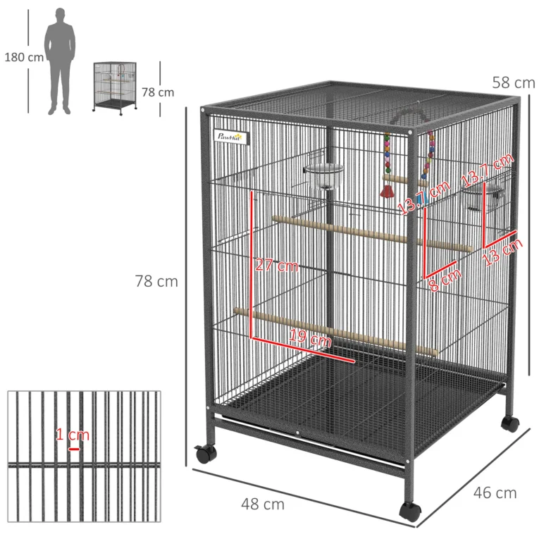 Compact Bird Cage with Wheels, Perches and Swing – Grey