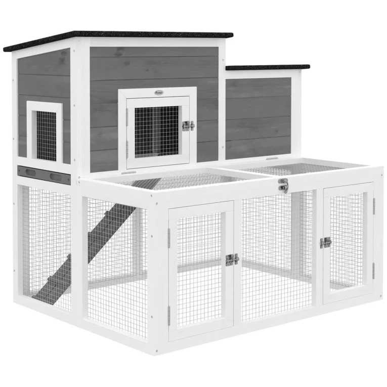 Wooden Rabbit Hutch with Run and Opening Roof – Grey, 97cm Wooden Rabbit Hutch with Run and Opening Roof – Grey, 97cm