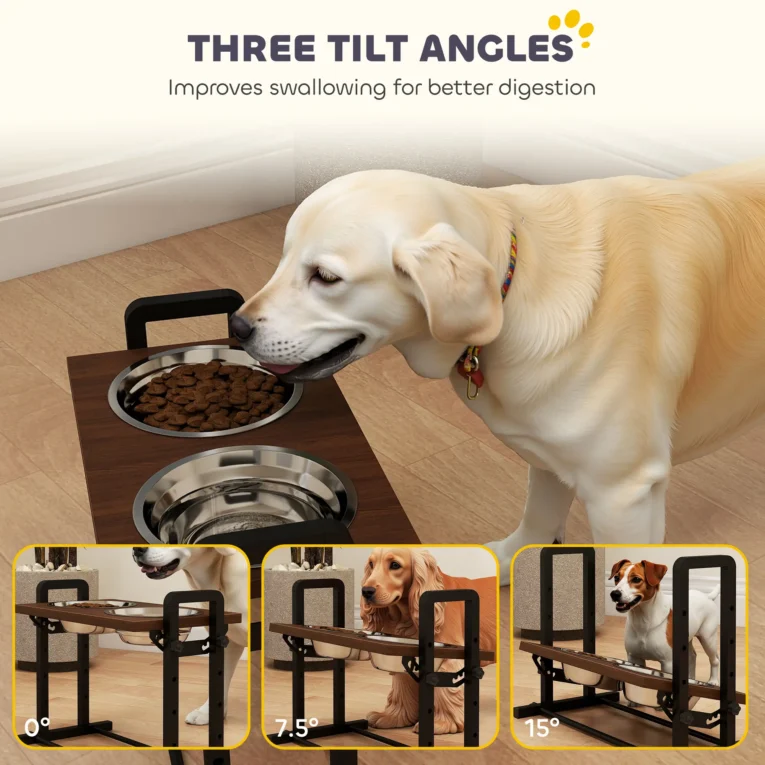 Adjustable Double Dog Bowl Stand with Tilting Top – Brown Adjustable Double Dog Bowl Stand with Tilting Top – Brown