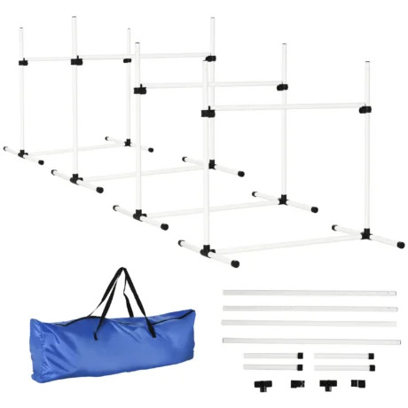 Four Adjustable Dog Agility Jumps with Carry Bag – White
