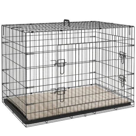 Folding Two-Door Dog Crate with Cushion – Black, 106cm