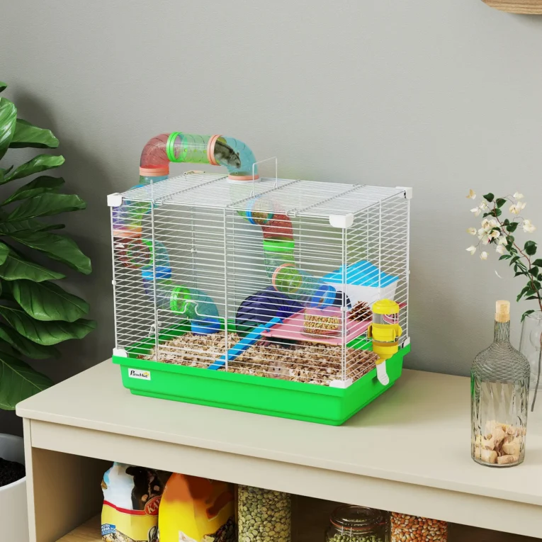 2-Tier Hamster Cage with Tunnel Wheels Ladder Dwarf – Green and white