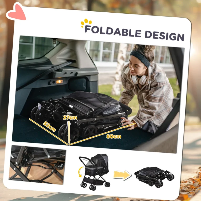 Folding Pet Stroller with Reversible Handle – Black, Under 10kg Folding Pet Stroller with Reversible Handle – Black, Under 10kg