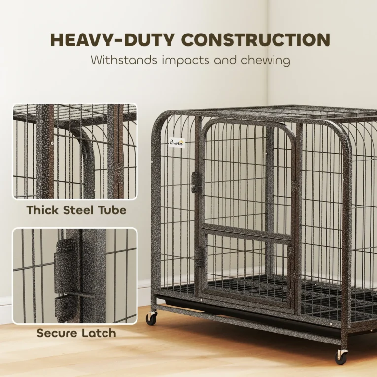 Steel Dog Crate with Feeding Door, Opening Top and Wheels – Black Steel Dog Crate with Feeding Door, Opening Top and Wheels – Black