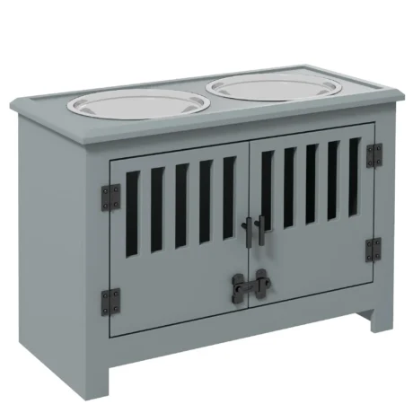 Dog Feeding Cabinet with Latching Doors – Grey, Two 2L Bowls