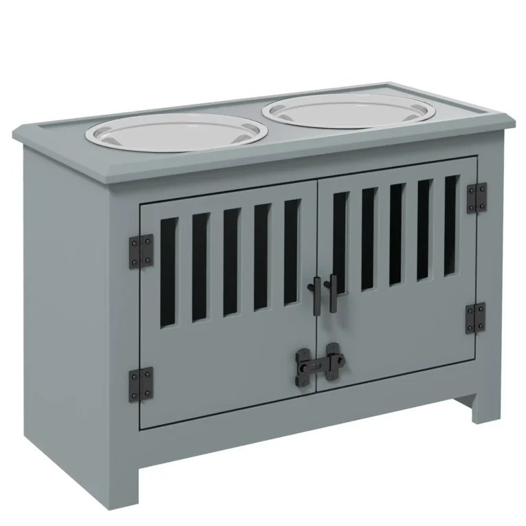 Dog Feeding Cabinet with Latching Doors – Grey, Two 2L Bowls