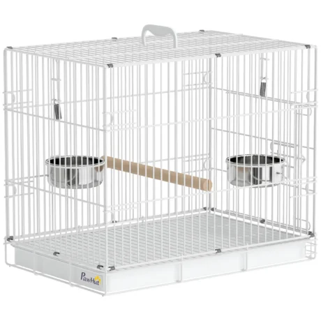 Folding Bird Travel Cage with Perch and Bowls &ndash; White, 49cm