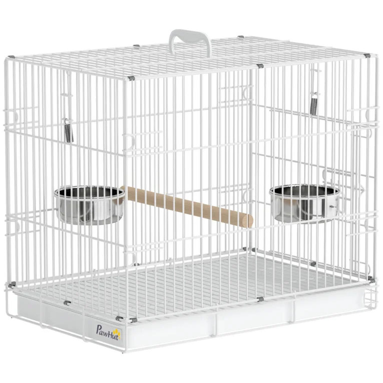 Folding Bird Travel Cage with Perch and Bowls – White, 49cm