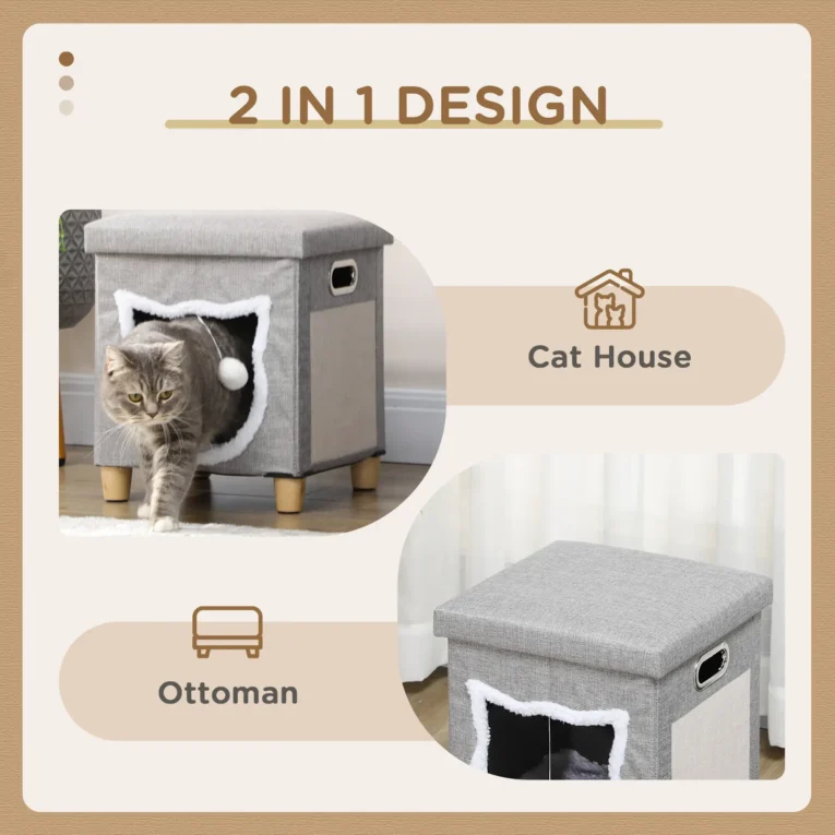 2-in-1 Cat Bed Ottoman with Cushion and Scratching Pad – Cream white and grey