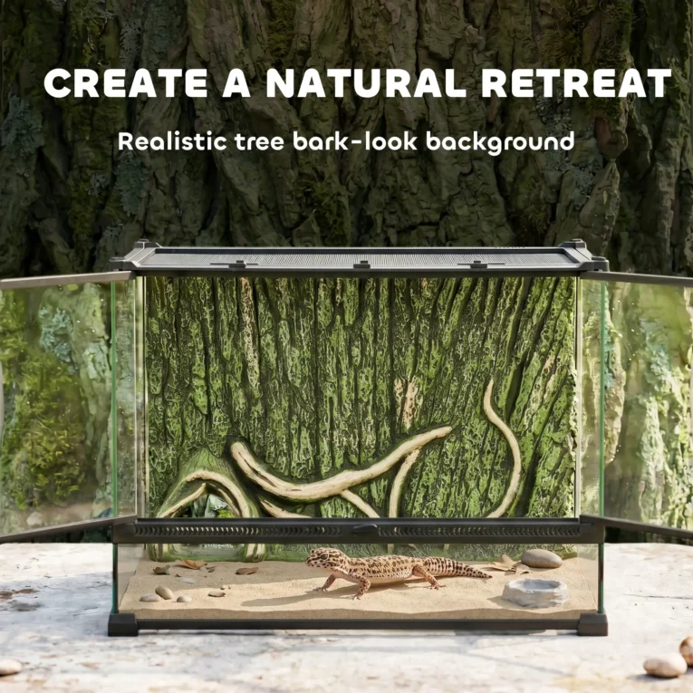 Glass Reptile Terrarium with Bark-Effect Background – Black, 50 × 30 × 35cm