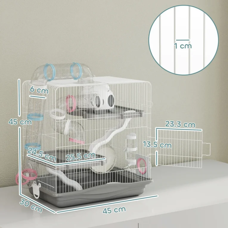 Three-Level Small-Pet Cage with Bottle and Dish – Grey, 45cm