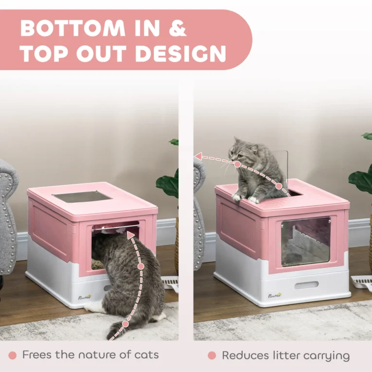Folding Cat Litter Box with Drawer – Pink