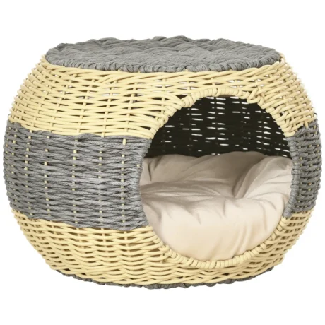Round Rattan-Effect Cat Cave with Cushion – Beige, 40cm