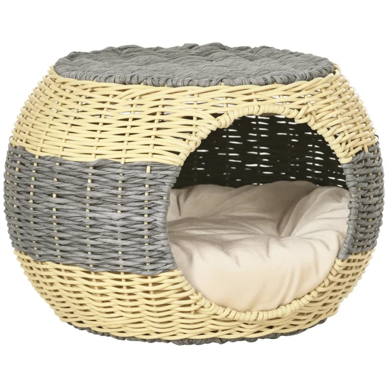 Round Rattan-Effect Cat Cave with Cushion – Beige, 40cm