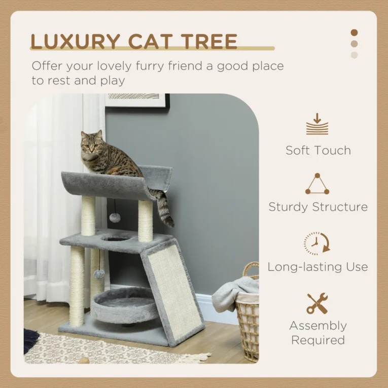 Compact Cat Tower with Scratching Ramp and Curved Perch – Grey, 76cm