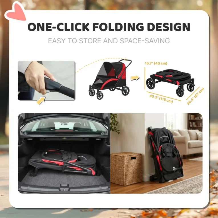 Large Four-Wheel Dog Stroller with Cushion – Red and Black, 30kg Large Four-Wheel Dog Stroller with Cushion – Red and Black, 30kg