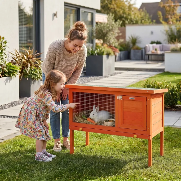 Wooden Rabbit Hutch Elevated Bunny House Outdoor – Orange, Green