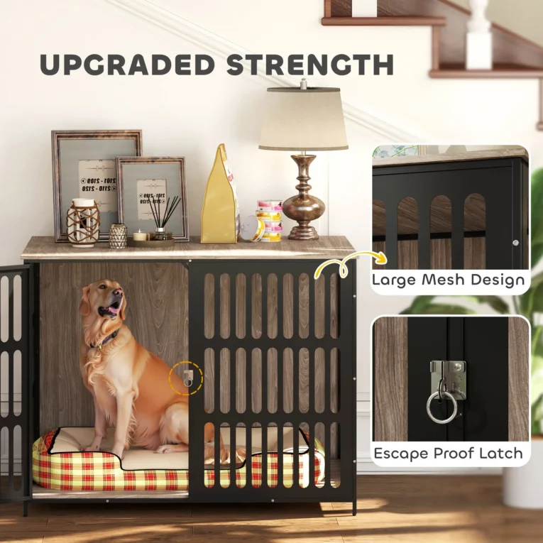 Large Dog Crate Furniture with Steel Mesh – Walnut Brown, 118cm