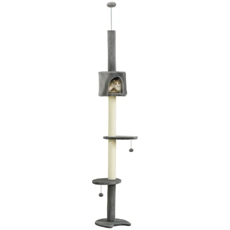 Ceiling-Fit Cat Tower with Den and Toy Balls – Light Grey, 225–255cm