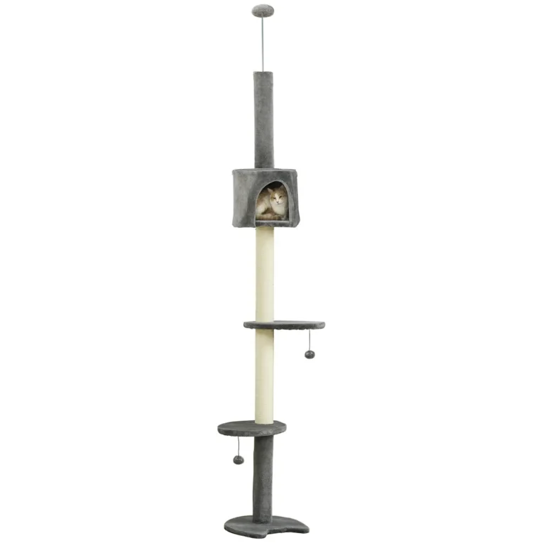 Ceiling-Fit Cat Tower with Den and Toy Balls – Light Grey, 225–255cm Ceiling-Fit Cat Tower with Den and Toy Balls – Light Grey, 225–255cm
