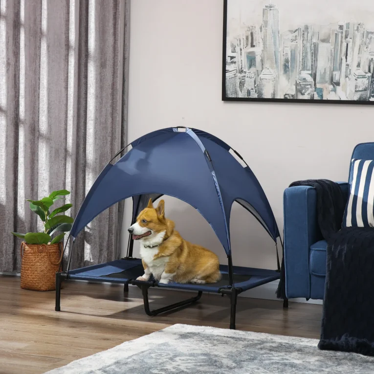 Raised Dog Bed with Canopy – Dark Blue, 92 × 76cm Raised Dog Bed with Canopy – Dark Blue, 92 × 76cm