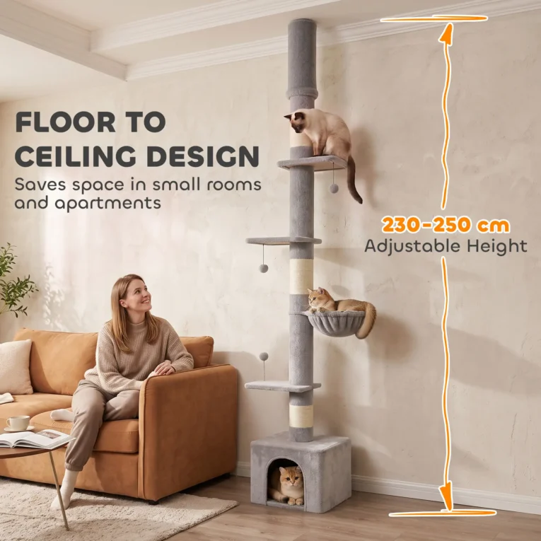 Adjustable Floor-to-Ceiling Cat Tower with Den – Light Grey, 230–250cm