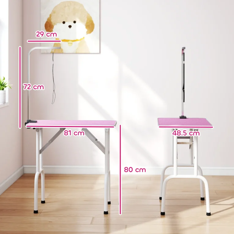 Folding Dog Grooming Table with Adjustable Arm – Pink, 81cm