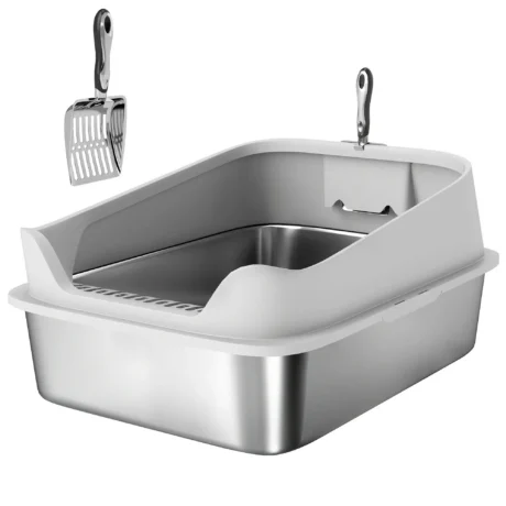 XXL High-Sided Steel Cat Litter Tray with Scoop &ndash; Grey, 70cm