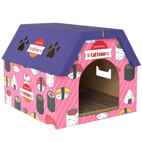 Cardboard Cat Hideaway with Scratching Base – Pink and Purple