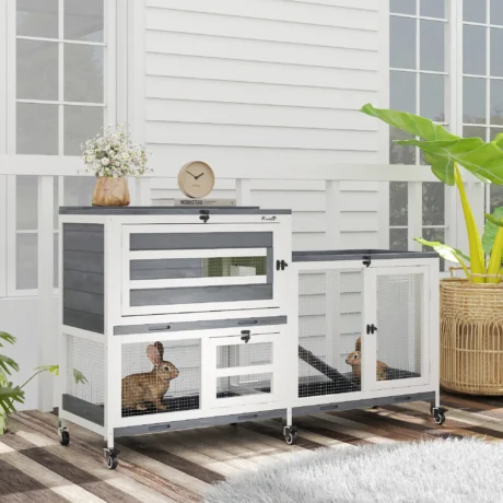 Two-Level Rabbit Hutch with Run, Wheels and Trays &ndash; Grey, 147cm &ndash; detail 2