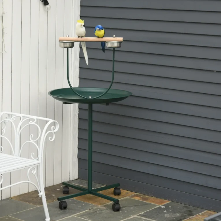 Bird Perch Stand with Bowls and Wheels – Green, 122cm