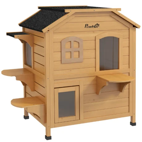 Two-Storey Wooden Cat House with Opening Roof – Natural
