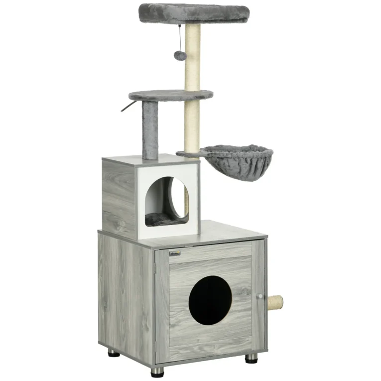 Enclosed Cat Litter Box with House and Scratching Posts – Grey and beige Enclosed Cat Litter Box with House and Scratching Posts – Grey and beige