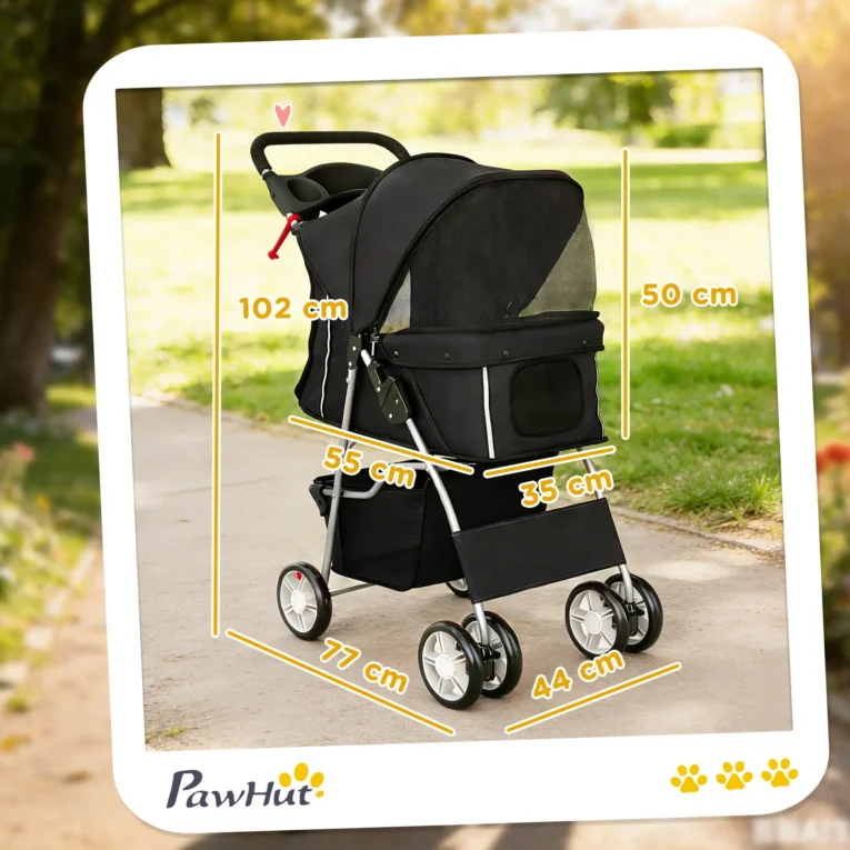 Folding Pet Stroller with Reflective Strips – Black, 10kg