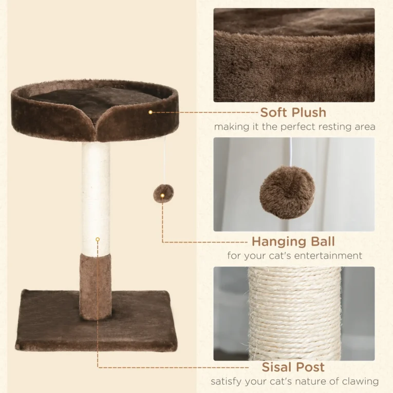 70cm Cat Tree with Cushioned Bed and Sisal Post – Brown