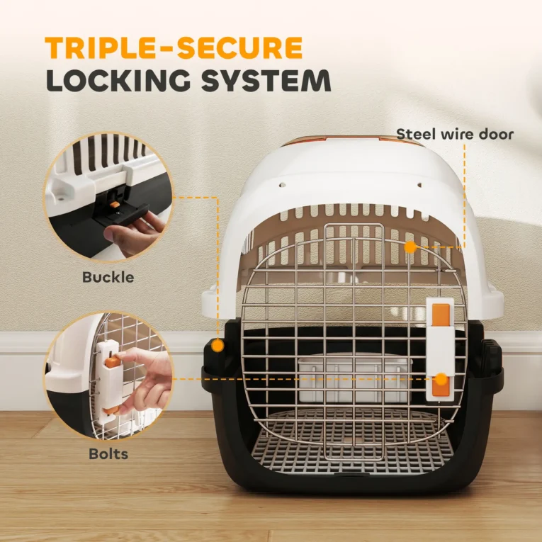 Hard-Shell Pet Carrier with Steel Door – Cream and Black, 49cm