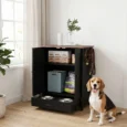 Dog Feeding Station with Storage Cabinet and Two Bowls – Black and Brown