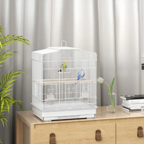 White Bird Cage with Perches, Feeders and Swing – 59cm