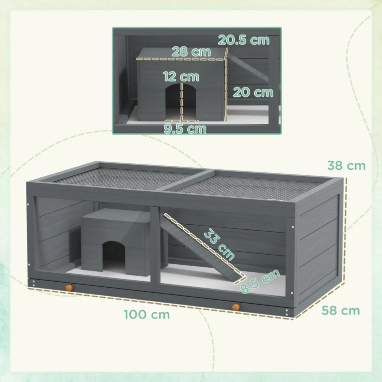 Wooden Rodent Enclosure with Hut and Sliding Tray – Grey, 100cm Wooden Rodent Enclosure with Hut and Sliding Tray – Grey, 100cm
