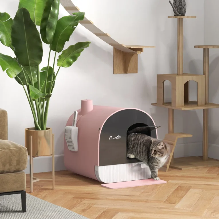 Hooded Cat Litter Box with Flap and Scoop – Pink