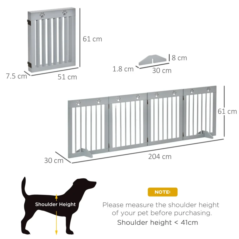 Four-Panel Freestanding Wooden Dog Gate – Light Grey, 204cm